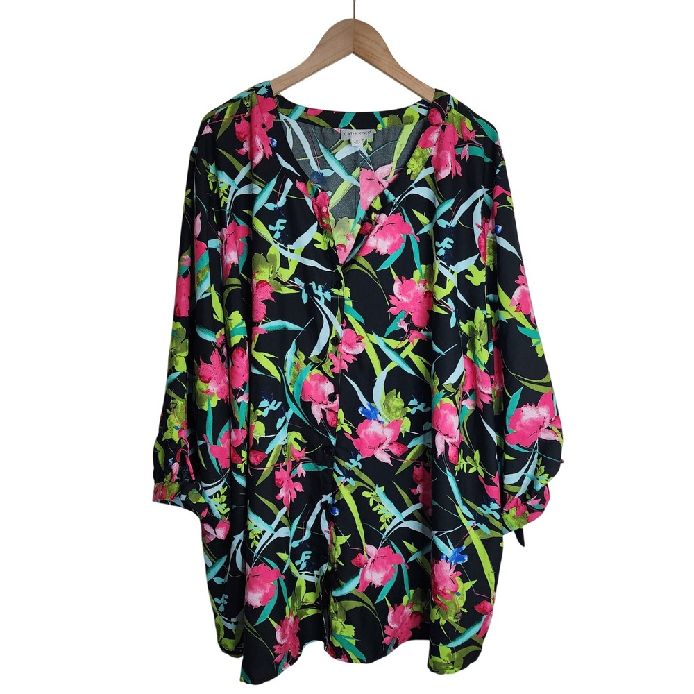 Catherines Blouse Women 4X Black Pink Floral V-Neck Button Front Tunic Top